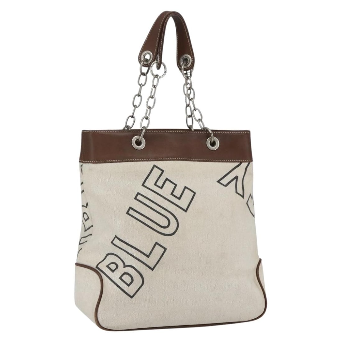 Canvas Blue Label Tote with Chain Handles Beige Silver by Burberry: Canvas Blue Label Tote with Chain Handles Beige Silver by Burberry This BURBERRY Blue Label tote bag features a beige and silver canvas exterior with chain handles. The bag is designed for everyday us