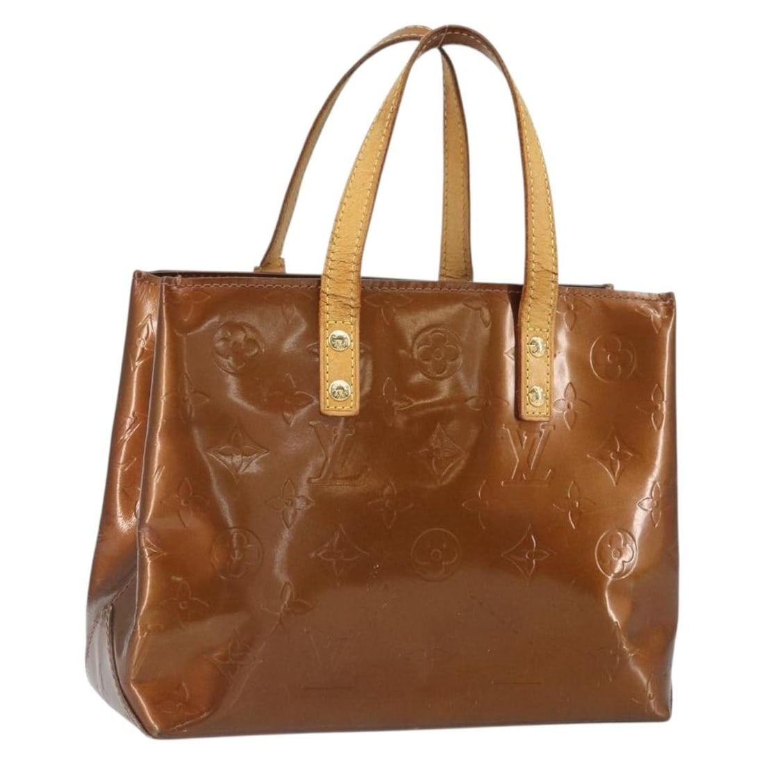 Bronze Patent Leather Reade PM Handbag by Louis Vuitton M91146: Bronze Patent Leather Reade PM Handbag by Louis Vuitton M91146 This Louis Vuitton Monogram Vernis Reade PM handbag features a bronze patent leather exterior with the signature monogram pattern. The ba