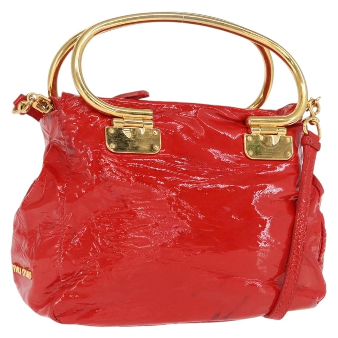 Miu Miu Patent Leather Red Gold Hand Bag 2way Shoulder Strap: Miu Miu Patent Leather Red Gold Hand Bag 2way Shoulder Strap This Miu Miu handbag features a red and gold patent leather exterior with a versatile 2-way design. It includes a shoulder strap and handle
