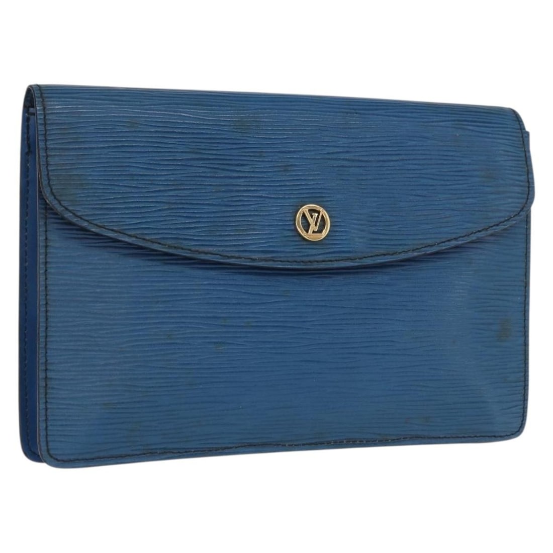 Blue Epi Leather Montaigne 23 Clutch by Louis Vuitton M52665: Blue Epi Leather Montaigne 23 Clutch by Louis Vuitton M52665 This Louis Vuitton Epi Montaigne 23 clutch bag features durable blue Epi leather with a structured silhouette. The bag is made in France an