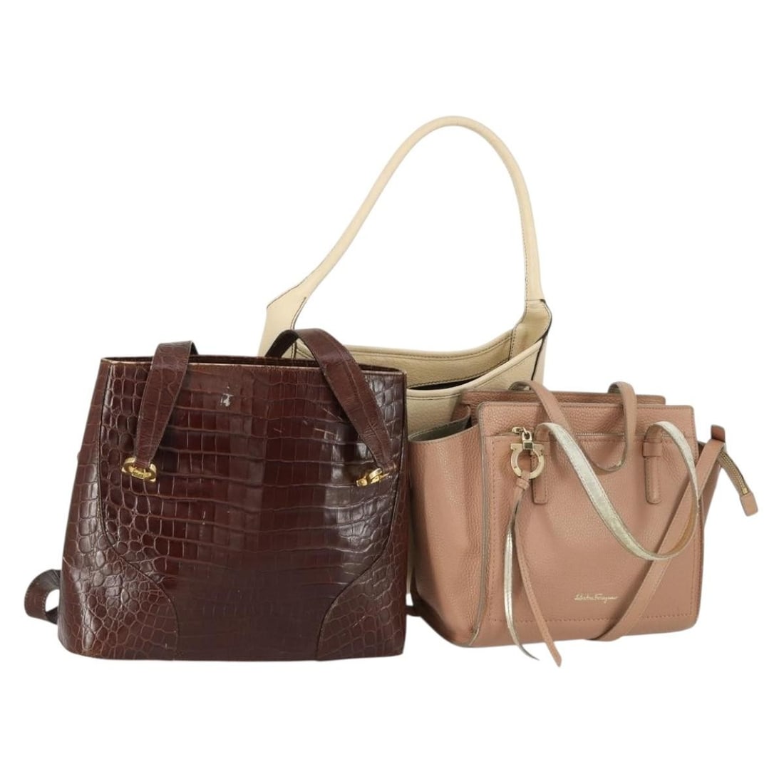 Set of Three Salvatore Ferragamo Leather Tote Bags White Pink Black (1 of 18)