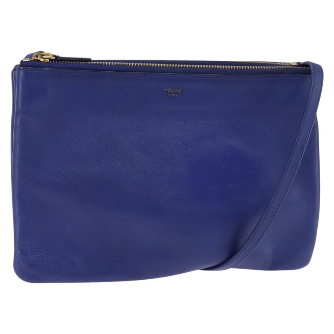 CELINE Trio Large Leather Shoulder Bag Blue Gold Auth BA7048 (1 of 18)