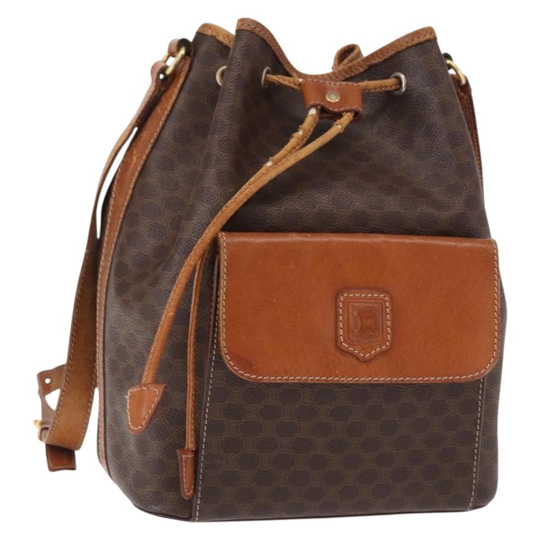 CELINE Macadam Canvas Shoulder Bag PVC Leather Brown Gold Auth DM94: CELINE Macadam Canvas Shoulder Bag PVC Leather Brown Gold Auth DM94 This CELINE Macadam Canvas Shoulder Bag is a stylish accessory crafted from durable PVC leather in a sophisticated brown and gold co