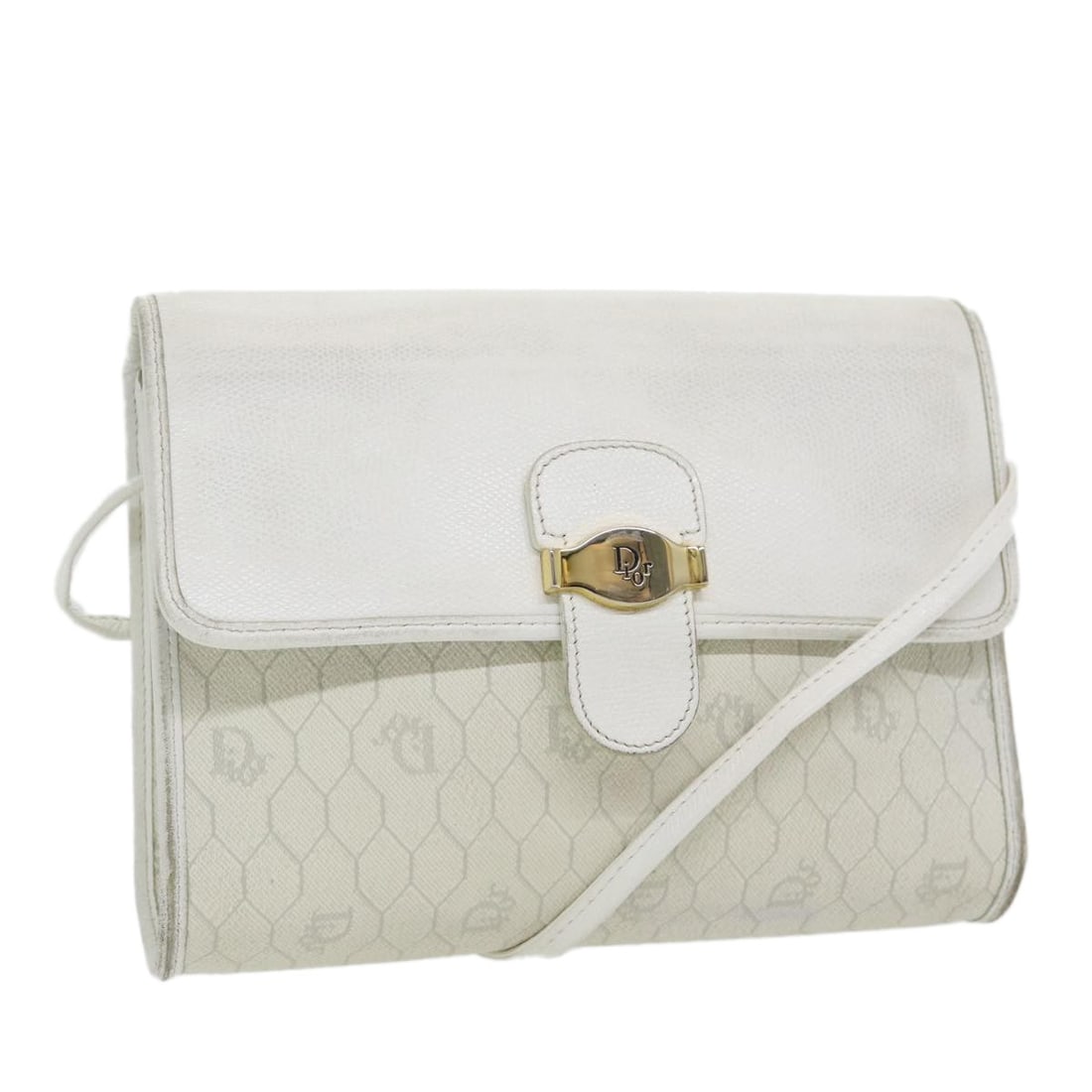 Christian Dior Honeycomb Canvas White Gold Shoulder Bag PVC Leather Auth (1 of 18)