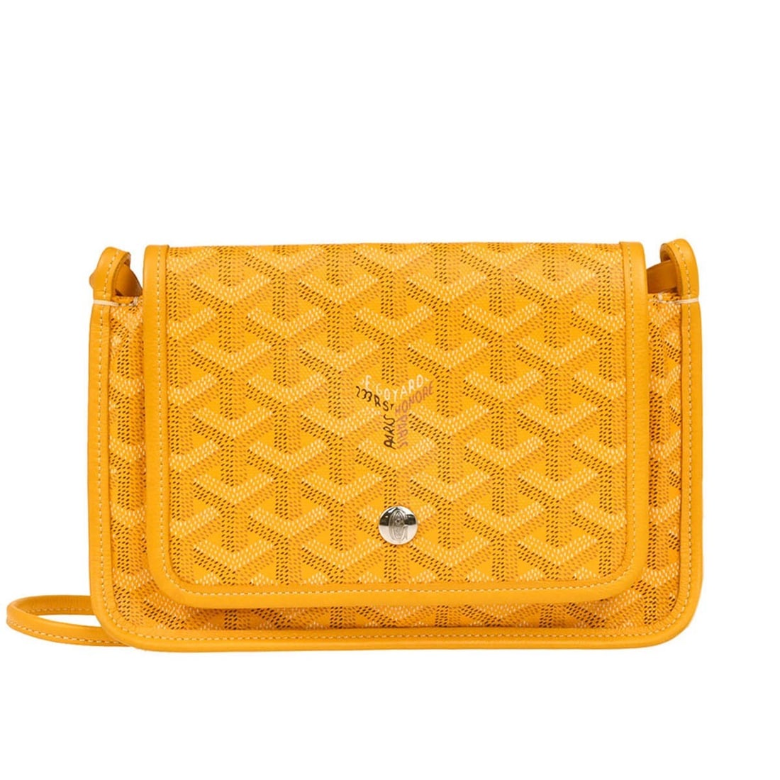 Yellow Goyard Plumet Canvas Clutch Wallet for Women: Yellow Goyard Plumet Canvas Clutch Wallet for Women This Goyard Plumet Clutch Wallet is crafted from yellow coated canvas and designed for women. It features a sleek silhouette with minor dirt on the