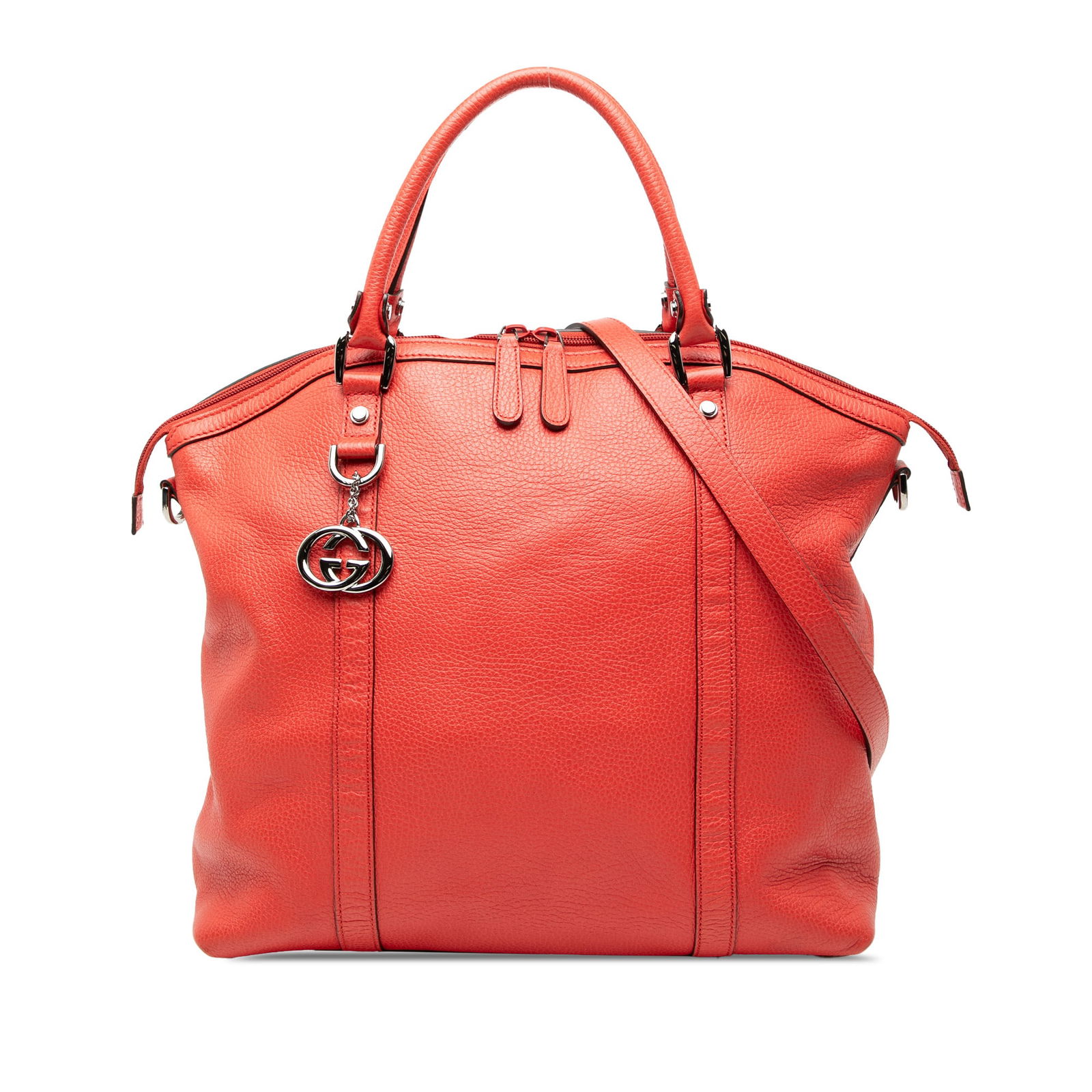 Red Leather Satchel with GG Charm and Dome Shape by Gucci: Red Leather Satchel with GG Charm and Dome Shape by Gucci This Gucci Large Leather GG Charm Dome Satchel features a red leather body with rolled leather handles, a detachable leather strap, a top zip