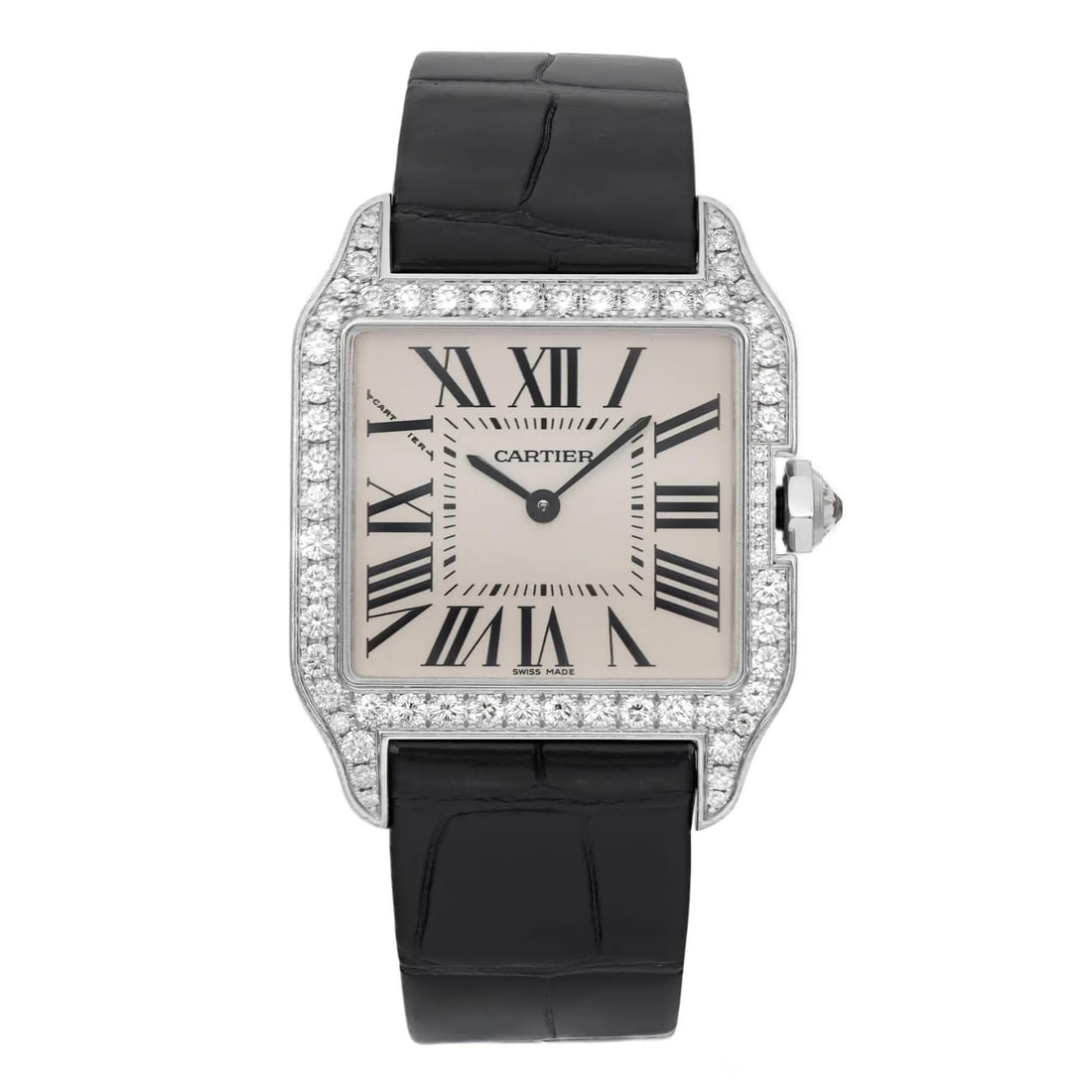 Cartier Santos-Dumont 18K White Gold Diamond Bezel Quartz Watch: Cartier Santos-Dumont 18K White Gold Diamond Bezel Quartz Watch Experience the elegance of the Cartier Santos-Dumont Quartz Watch, crafted in luxurious 18K white gold. This exquisite timepiece feature