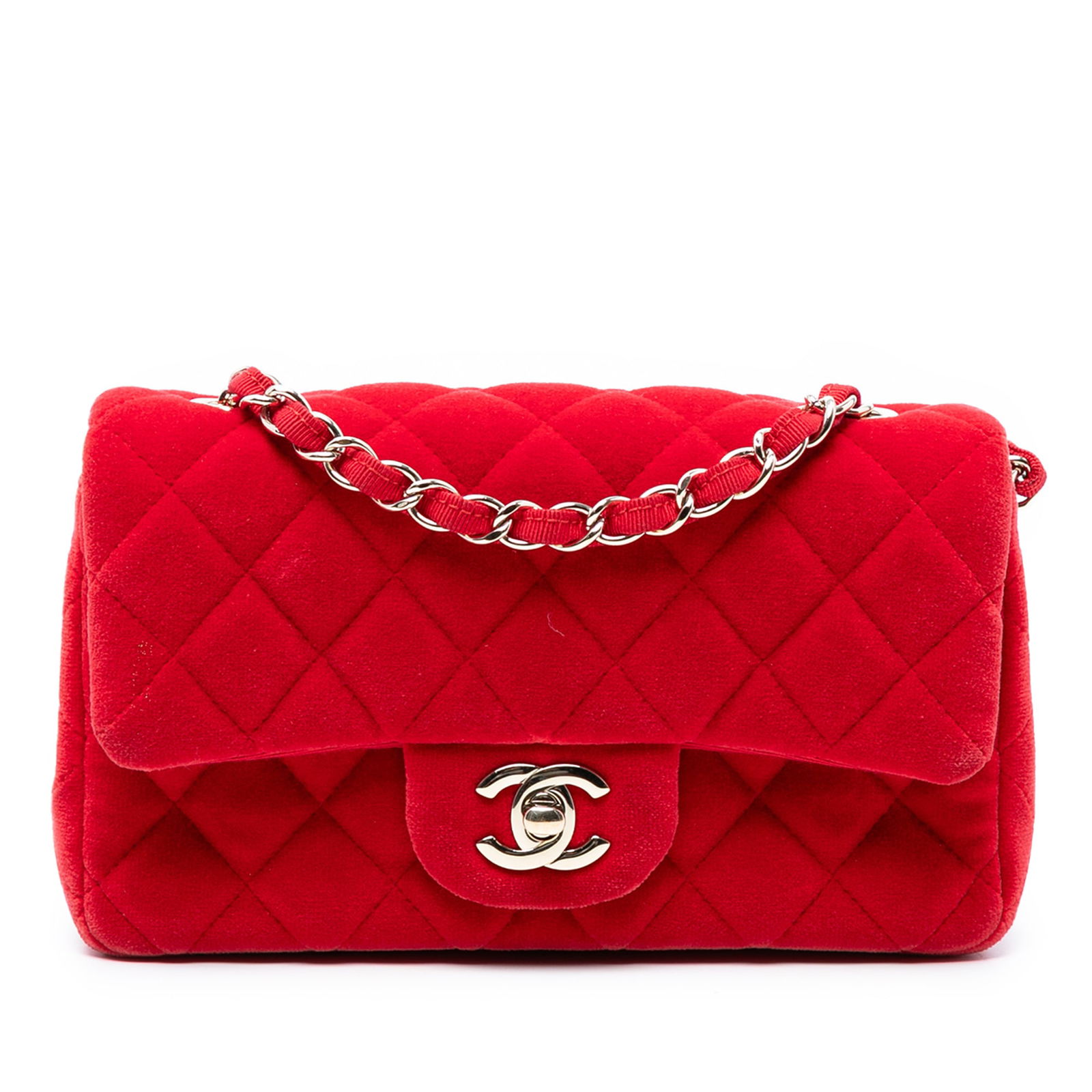 Chanel Mini Rectangular Classic Velvet Flap Bag Red Fabric: Chanel Mini Rectangular Classic Velvet Flap Bag Red Fabric Elevate your style with the Chanel Mini Rectangular Classic Velvet Single Flap bag. This luxurious piece features a plush velvet body complem