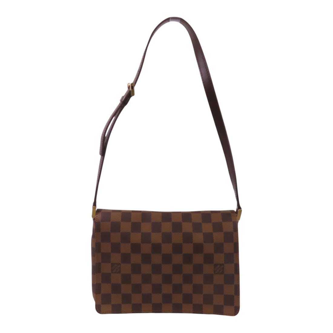 LOUIS VUITTON Musette Tango Shoulder Bag Damier Ebene GHW N51301: LOUIS VUITTON Musette Tango Shoulder Bag Damier Ebene GHW N51301 This Louis Vuitton Musette Tango Shoulder Bag combines elegance and functionality, crafted from durable PVC coated canvas in a rich bro