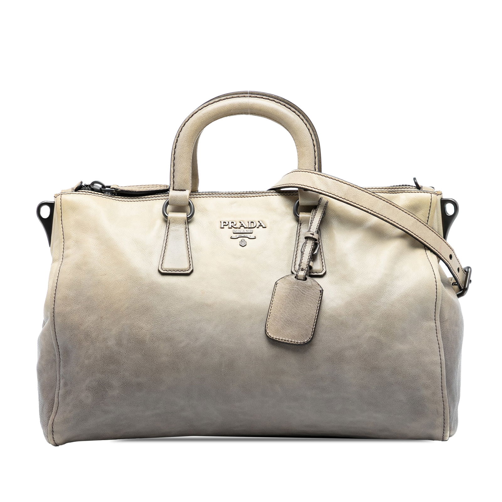 Prada Glace Calf Ombre Leather Satchel with Repainted Handles: Prada Glace Calf Ombre Leather Satchel with Repainted Handles This elegant Prada satchel showcases a stunning ombre leather body that transitions beautifully from dark to light tones. It features flat