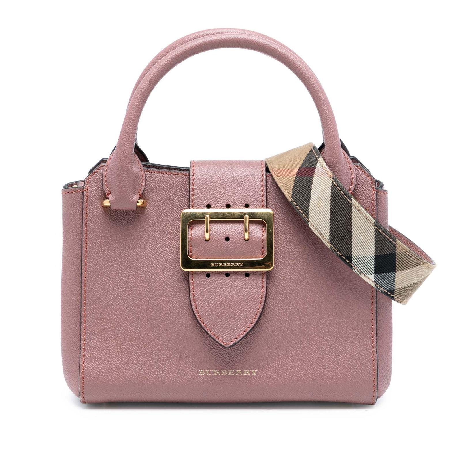 Pink Small Buckle Tote by Burberry in Grained Leather: Pink Small Buckle Tote by Burberry in Grained Leather This Burberry small buckle tote is crafted from grained leather in a pink hue. The bag features rolled leather handles, a detachable flat strap, a