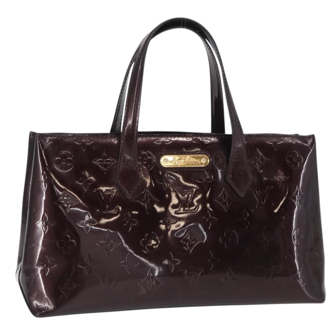 Burgundy Patent Leather Louis Vuitton Wilshire Purse 31cm: Burgundy Patent Leather Louis Vuitton Wilshire Purse 31cm This Louis Vuitton Wilshire handbag features a burgundy patent leather monogram design crafted in France. It is a pre-owned women's bag with s