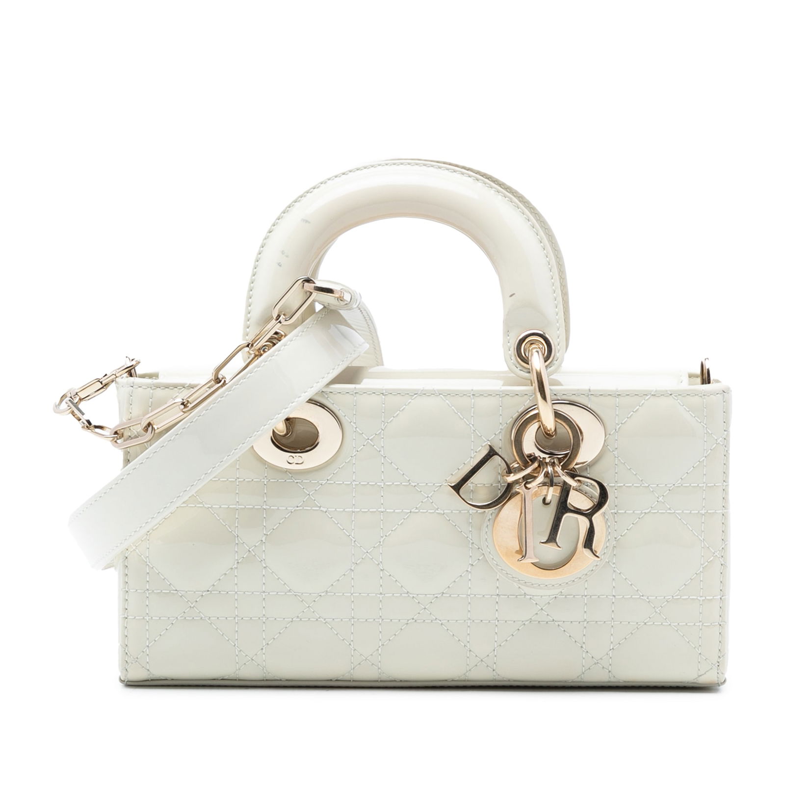 White Patent Leather Lady D Joy Small Bag with Quilted Cannage Pattern: White Patent Leather Lady D Joy Small Bag with Quilted Cannage Pattern This Dior Small Patent Cannage Lady D Joy bag features a quilted patent leather body in white, flat top handles, a detachable cha