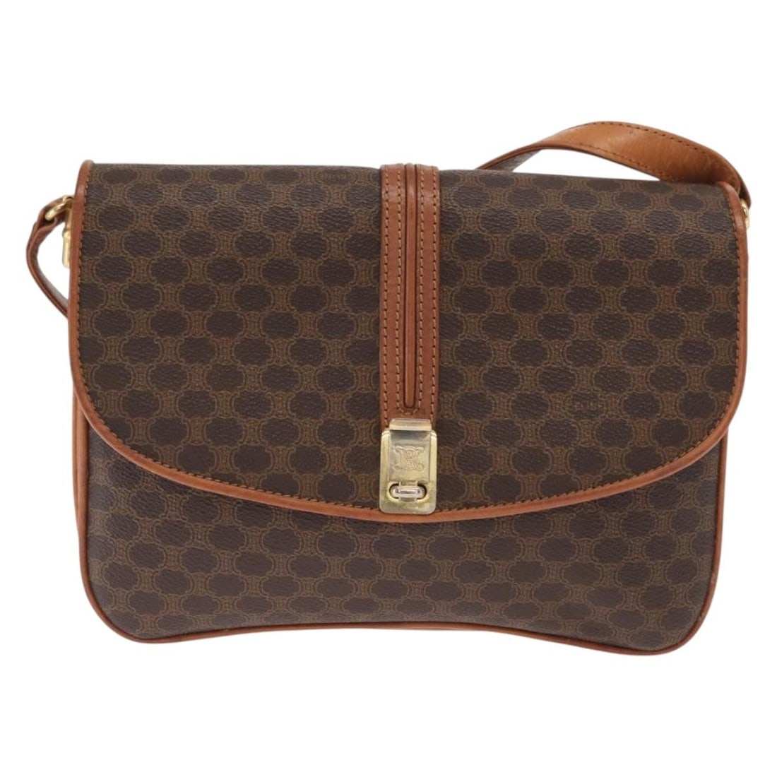 Vintage Macadam Canvas and Leather Shoulder Bag by Celine: Vintage Macadam Canvas and Leather Shoulder Bag by Celine This vintage Celine Macadam shoulder bag is crafted from brown canvas with leather accents. Designed for women, it features a compact silhouet