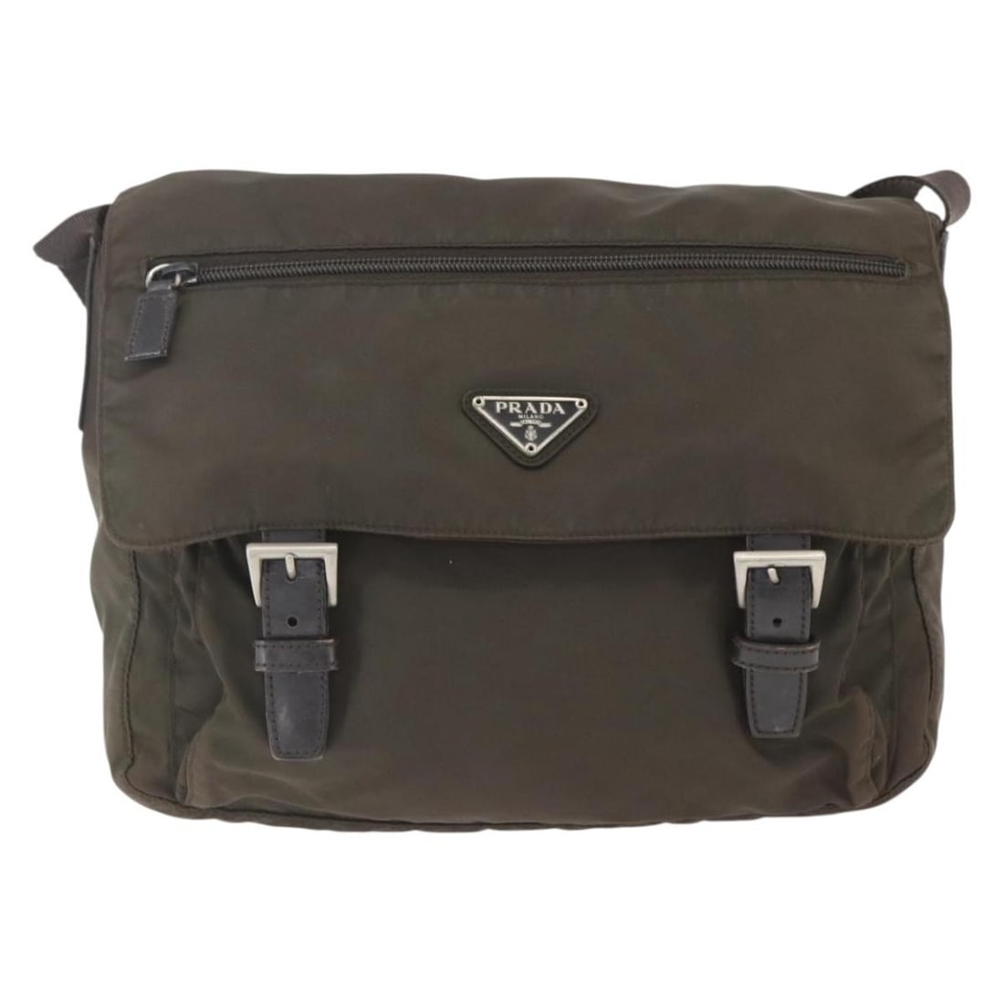 Prada Tessuto Nylon Messenger Bag Double Buckle Flap Brown: Prada Tessuto Nylon Messenger Bag Double Buckle Flap Brown This unisex messenger bag features a double buckle flap design crafted from brown nylon with leather accents. It has a shoulder strap and met