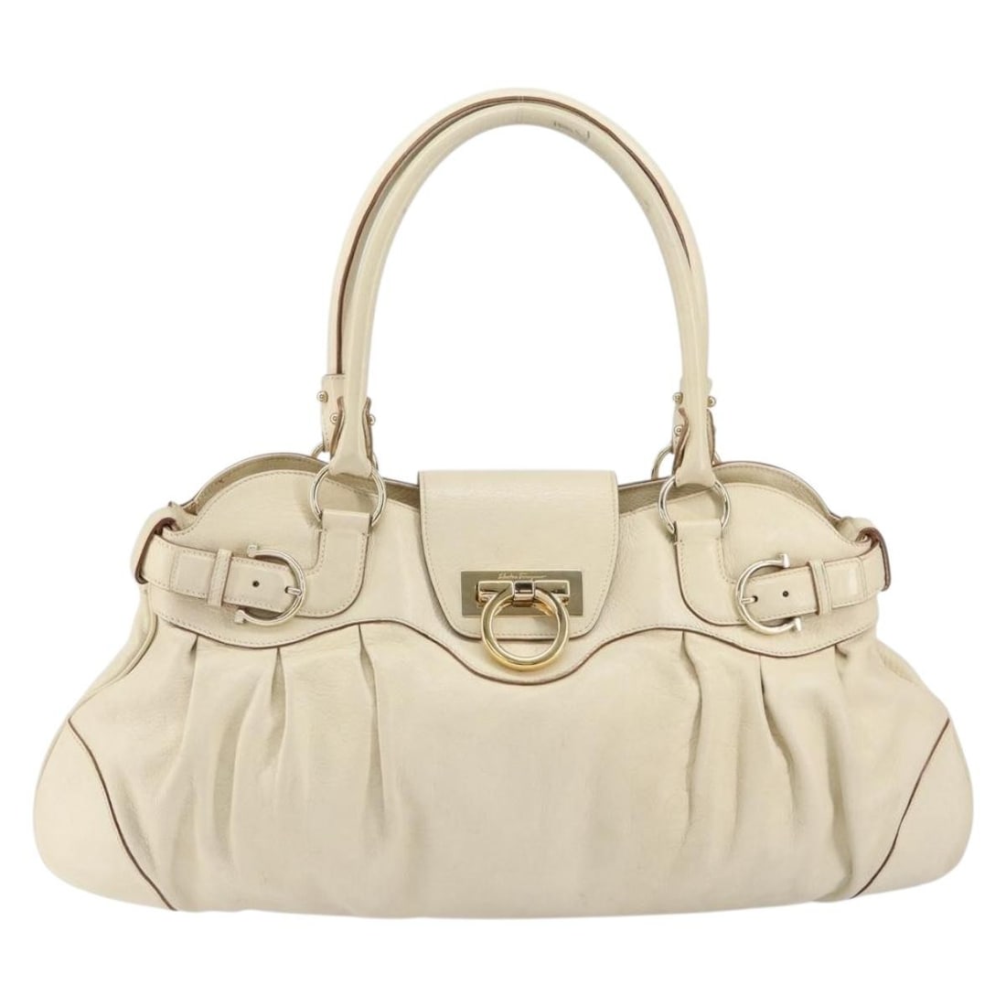 Leather Gancini Shoulder Bag by Salvatore Ferragamo White Italy: Leather Gancini Shoulder Bag by Salvatore Ferragamo White Italy This Salvatore Ferragamo Gancini handbag is crafted from white leather and designed for women. The bag displays signs of use, including