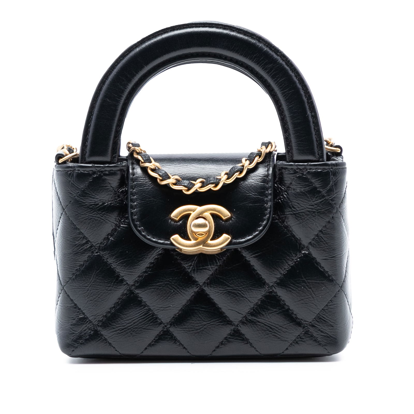 Chanel Mini Nano Black Aged Calfskin Kelly Style Shopper Handbag: Chanel Mini Nano Black Aged Calfskin Kelly Style Shopper Handbag This Chanel Mini Nano Aged Calfskin Kelly Shopper Bag features a black aged calfskin leather body, flat leather handles, a leather-wove