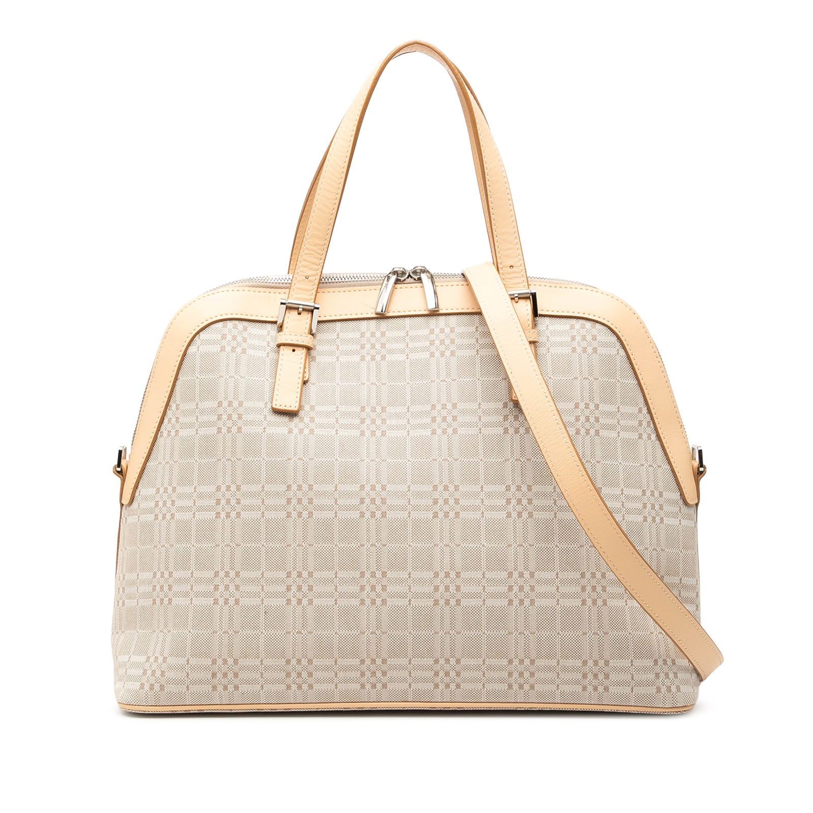 Burberry Canvas Satchel with Leather Accents and Dome Shape: Burberry Canvas Satchel with Leather Accents and Dome Shape This Burberry satchel features a canvas body with leather trim, flat leather handles, an adjustable and detachable flat shoulder strap, a to
