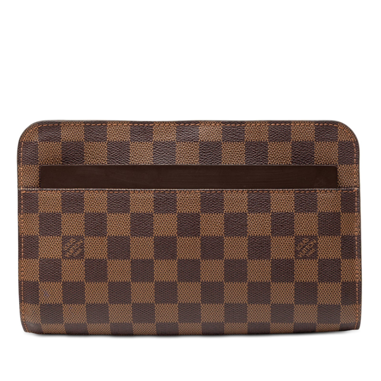 Louis Vuitton Damier Ebene Saint Paul Canvas Brown Pochette Bag: Louis Vuitton Damier Ebene Saint Paul Canvas Brown Pochette Bag The Louis Vuitton Damier Ebene Saint Louis Pochette features a Damier Ebene canvas body with leather trim, an exterior slip pocket, and