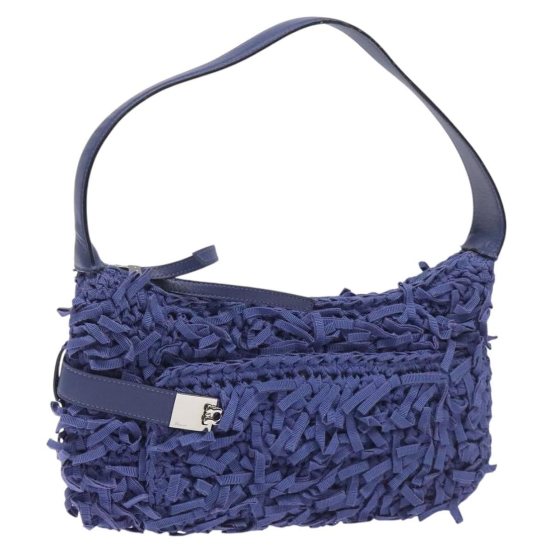 Gancini Canvas Shoulder Bag by Salvatore Ferragamo in Blue: Gancini Canvas Shoulder Bag by Salvatore Ferragamo in Blue This Salvatore Ferragamo Gancini shoulder bag is crafted from blue canvas and designed for women. The bag features a spacious main compartmen