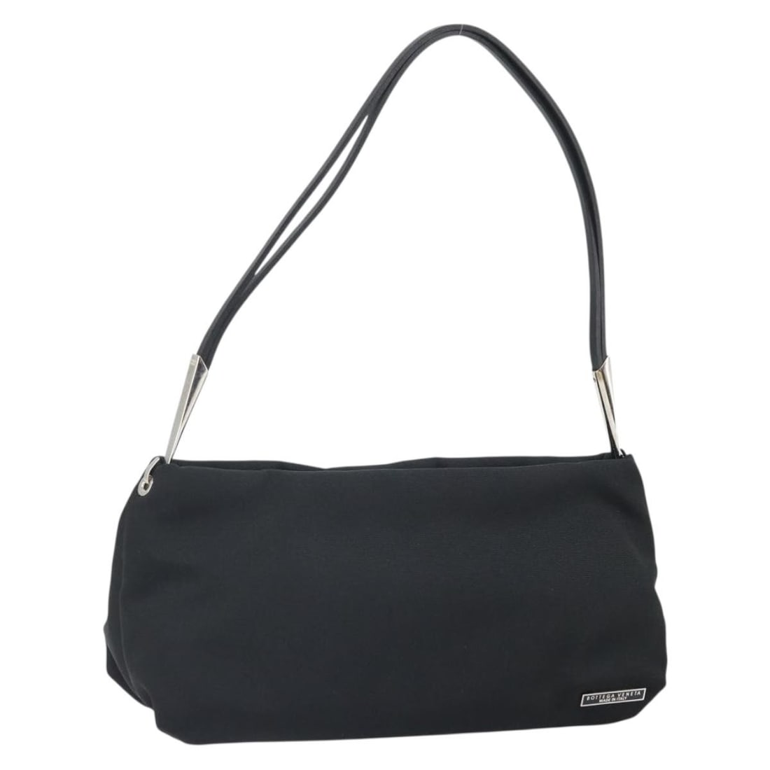 Bottega Veneta Black Silver Canvas Shoulder Bag Italy Made: Bottega Veneta Black Silver Canvas Shoulder Bag Italy Made This Bottega Veneta shoulder bag features a black and silver canvas exterior crafted in Italy. It offers a sleek design with a strap drop of