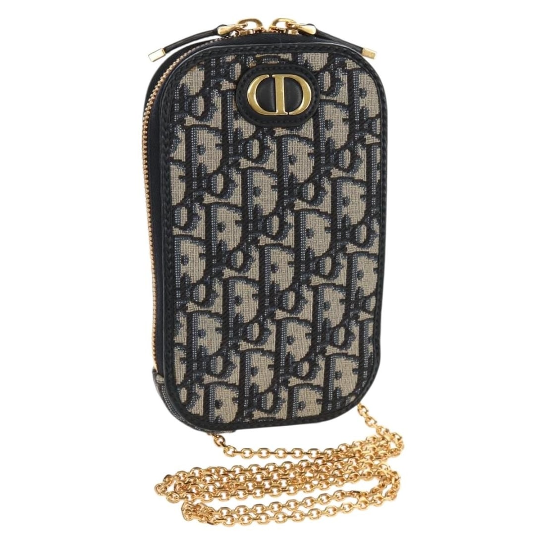Christian Dior 30 Montaigne Navy Canvas Phone Holder with Chain: Christian Dior 30 Montaigne Navy Canvas Phone Holder with Chain This Christian Dior 30 Montaigne Phone Holder on Chain is crafted from navy canvas with metal fittings. Designed for women, this pre-own