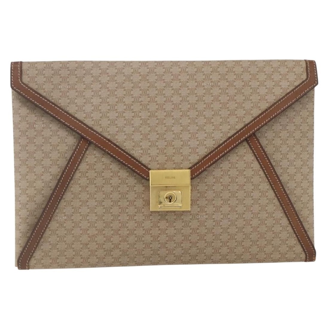 Celine Macadam Beige Canvas and Leather Pochette 38cm by 26cm: Celine Macadam Beige Canvas and Leather Pochette 38cm by 26cm This Celine Macadam Pochette for women features a beige canvas body with leather accents. The pouch offers a spacious design suitable for