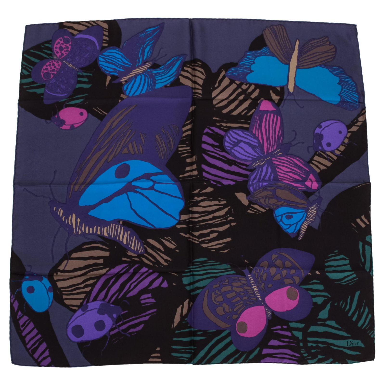 Christian Dior Silk Graphic Butterfly Print Scarf 27x27 Italy: Christian Dior Silk Graphic Butterfly Print Scarf 27x27 Italy Elevate your accessory collection with this exquisite Christian Dior Graphic Butterfly Print Scarf. Crafted from 100% silk, this vibrant s