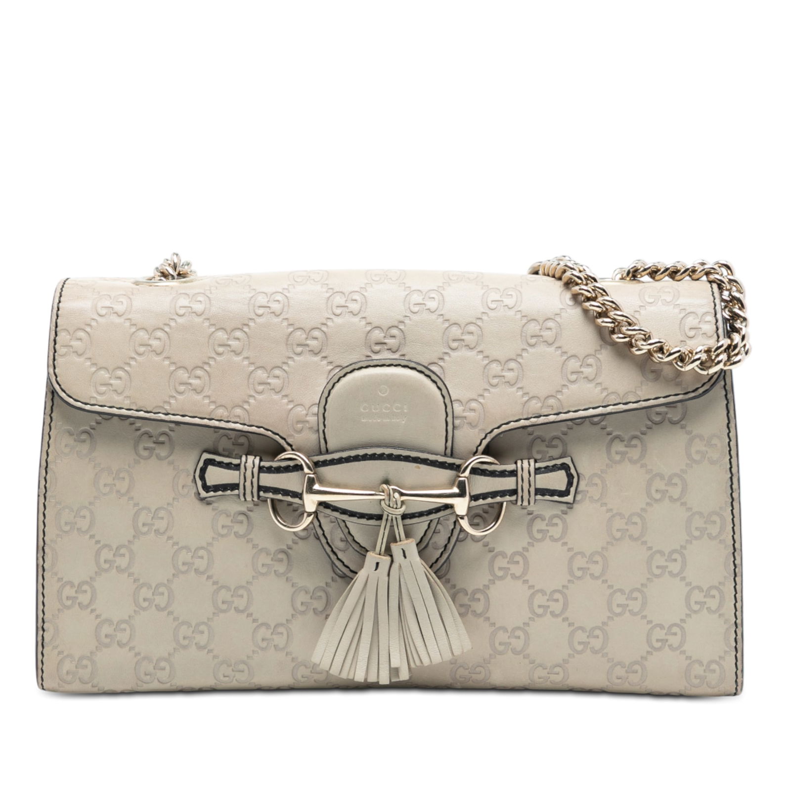 Gucci Guccissima Emily White Embossed Leather Medium Shoulder Bag with Chain Strap: Gucci Guccissima Emily White Embossed Leather Medium Shoulder Bag with Chain Strap This shoulder bag features an embossed leather exterior with chain link shoulder straps and a leather guard. The desi