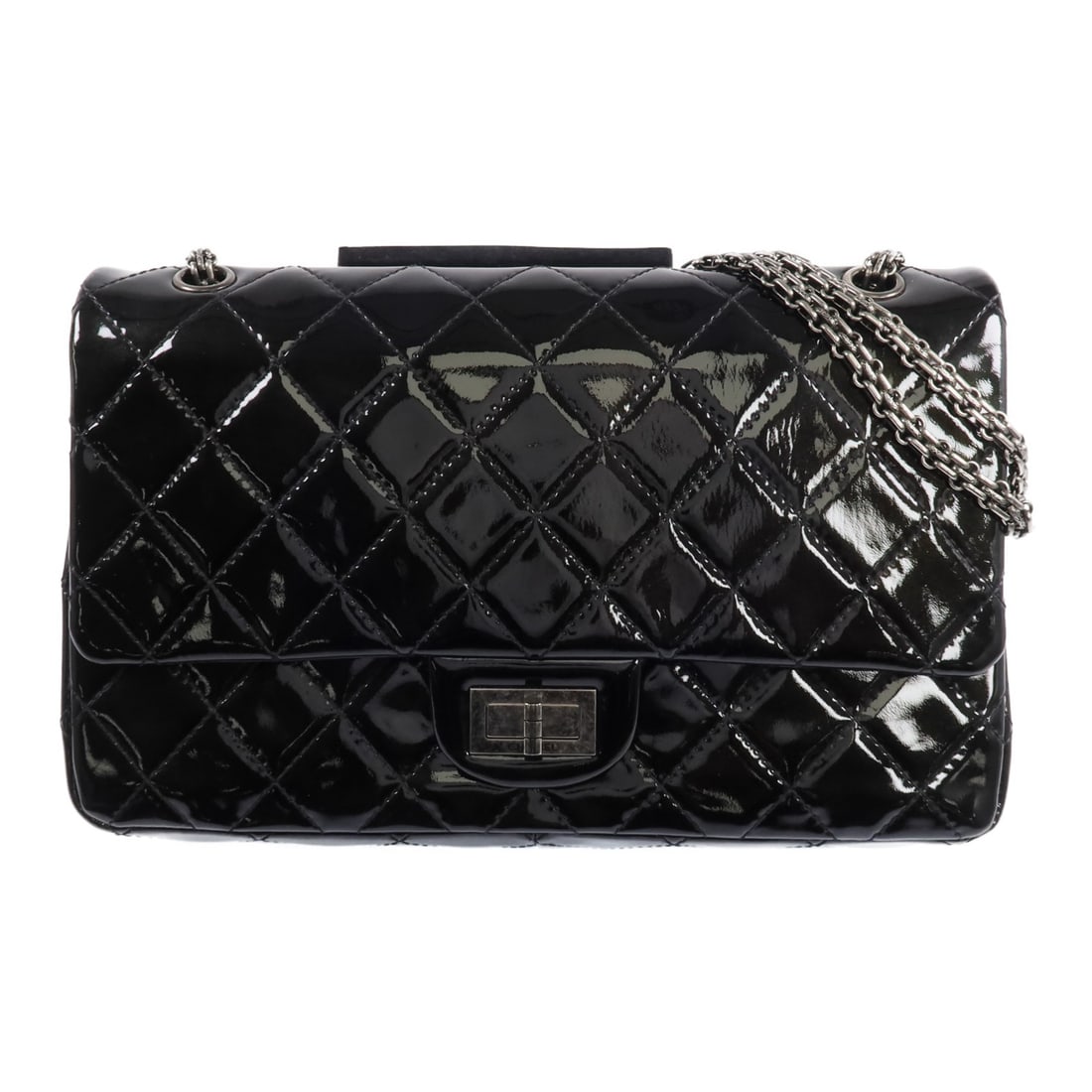 Black Patent Leather CHANEL 2.55 Jumbo Shoulder Bag with Silver Tone Chain (1 of 18)