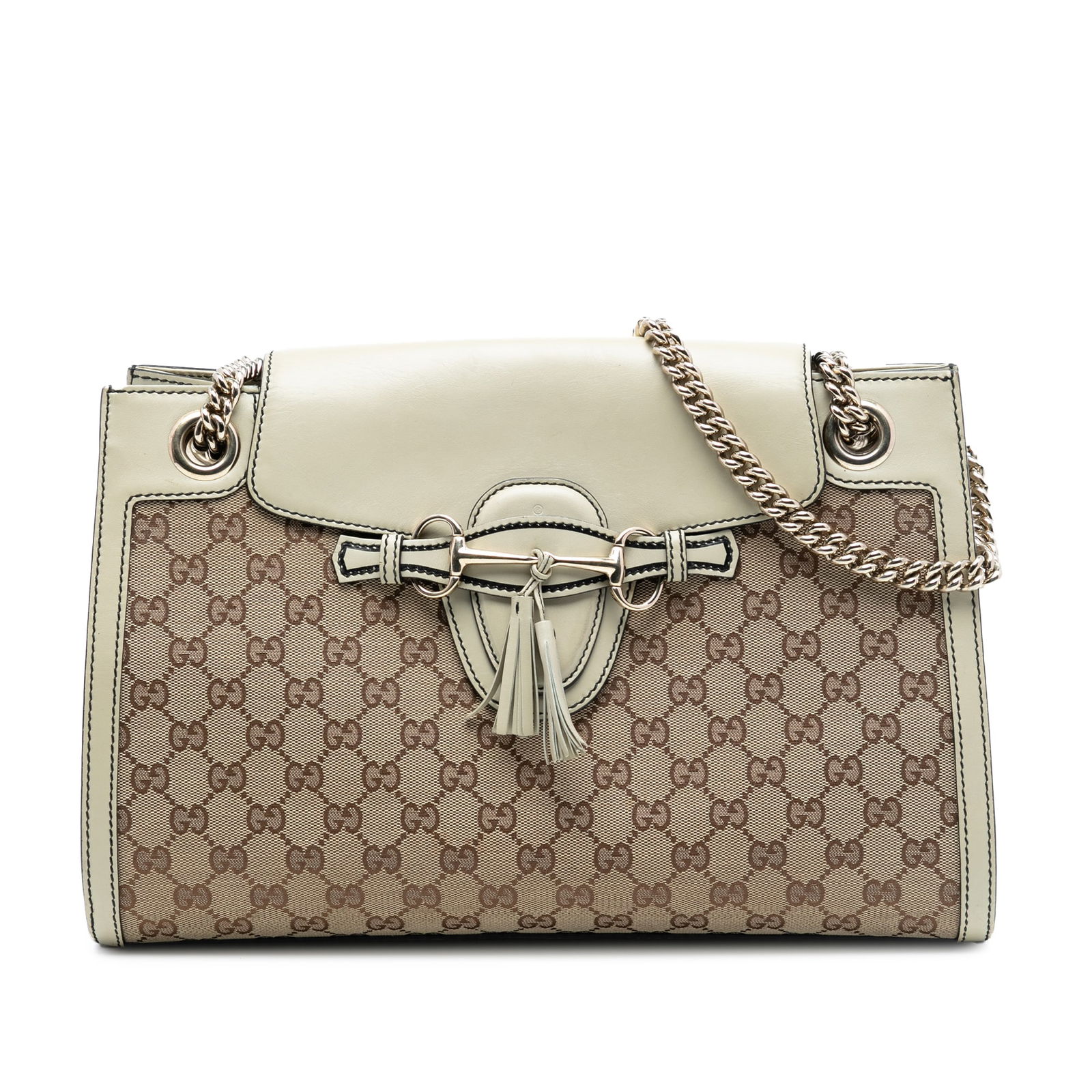 Emily Shoulder Bag by Gucci in Large Brown GG Canvas: Emily Shoulder Bag by Gucci in Large Brown GG Canvas This Gucci Large GG Canvas Emily Shoulder Bag features a canvas body with leather trim, chain link straps with leather shoulder guards, and a front