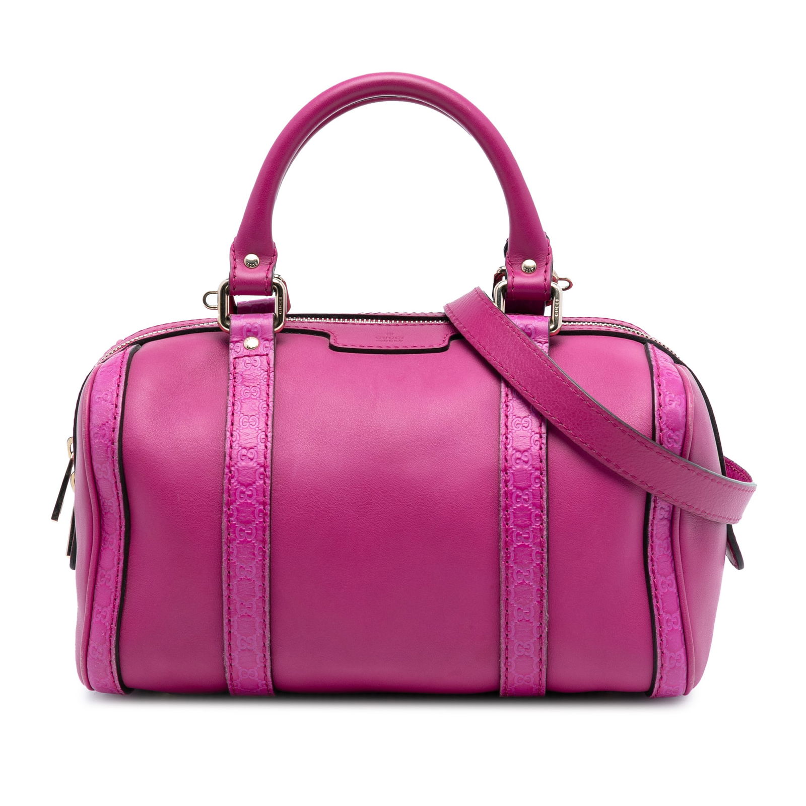 Gucci Joy Boston Bag Small Pink Microguccissima Leather with Shoulder Strap: Gucci Joy Boston Bag Small Pink Microguccissima Leather with Shoulder Strap This Boston bag features a pink leather body with embossed Microguccissima leather trim, rolled leather handles, and a detac