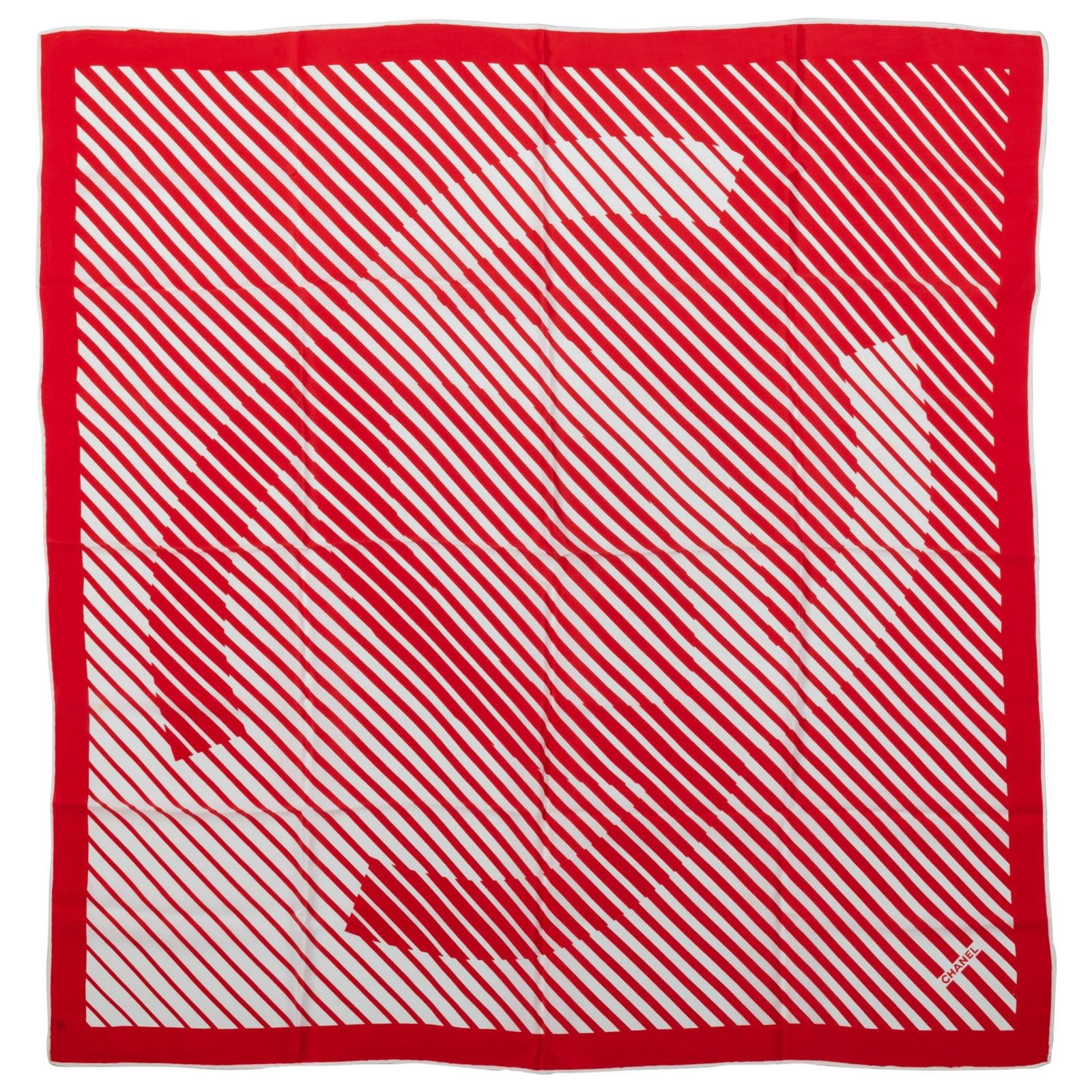 Chanel Red White Logo Silk Twill Scarf 35 in Square: Chanel Red White Logo Silk Twill Scarf 35 in Square Elevate your accessory collection with this exquisite Chanel silk twill scarf, featuring a striking red and white logo design. This square scarf, me