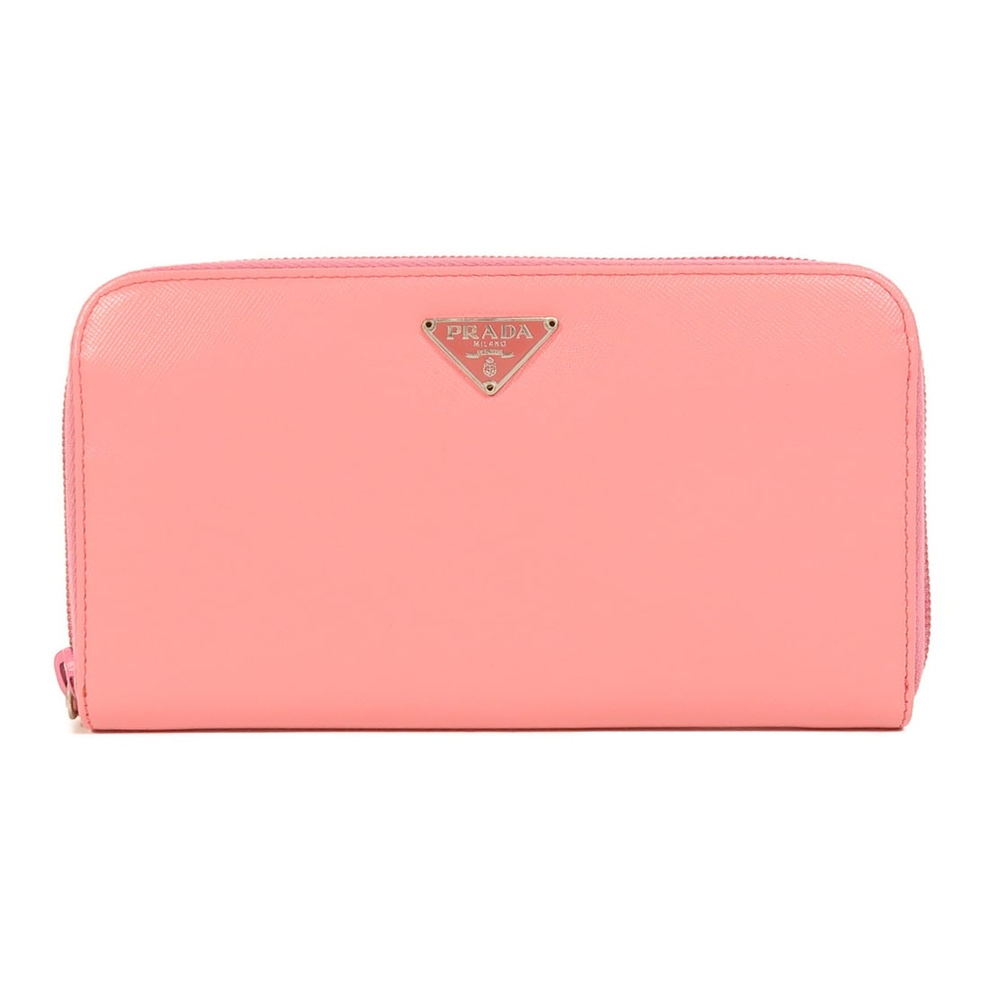 Pink Saffiano Leather L-Shaped Zipper Wallet by PRADA Silver Hardware: Pink Saffiano Leather L-Shaped Zipper Wallet by PRADA Silver Hardware This PRADA L-shaped zipper long wallet is crafted from pink Saffiano leather. Made in Italy, it features a secure zipper closure a