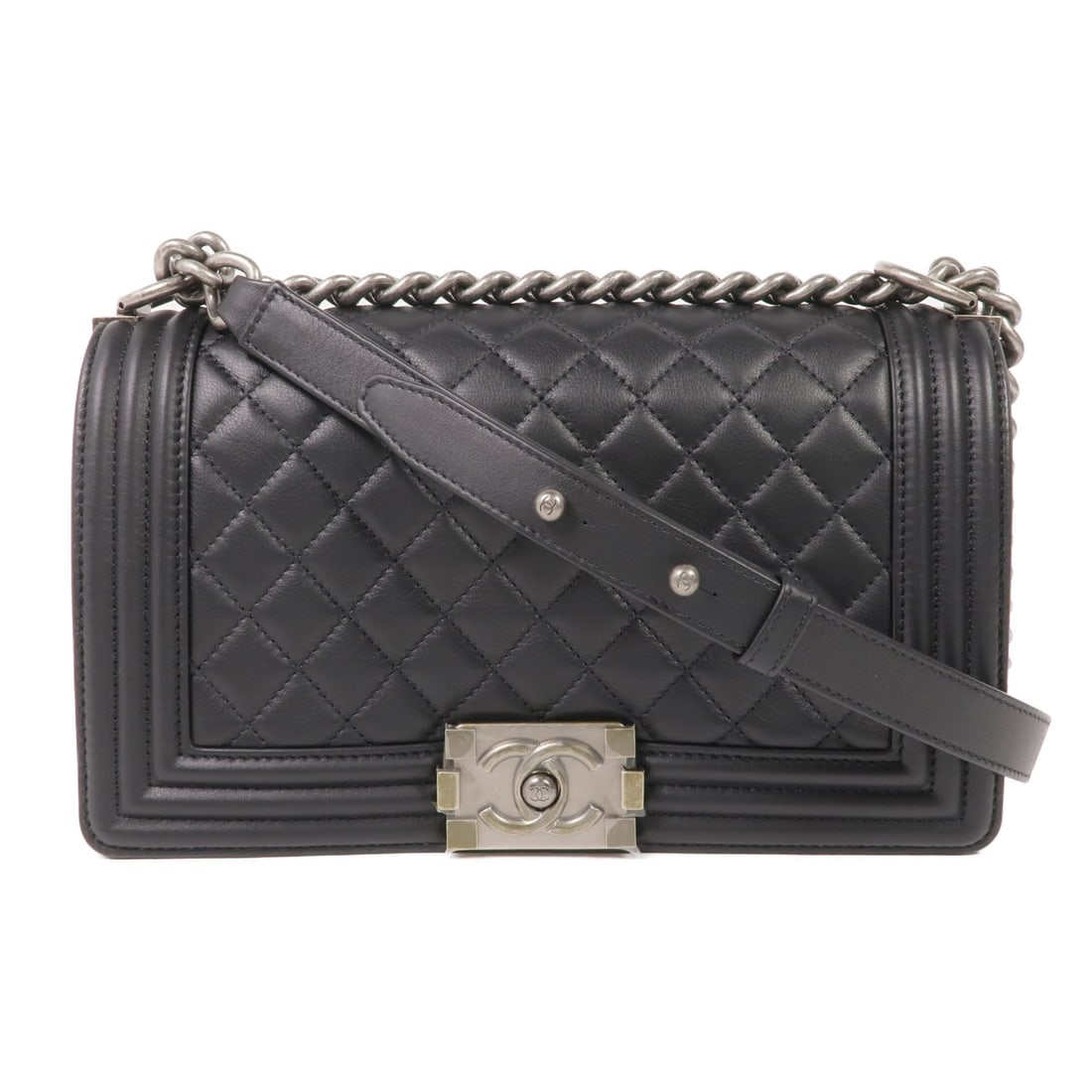 Black Calfskin CHANEL Boy 25 Shoulder Bag with Silver Tone Chain A67086 (1 of 17)