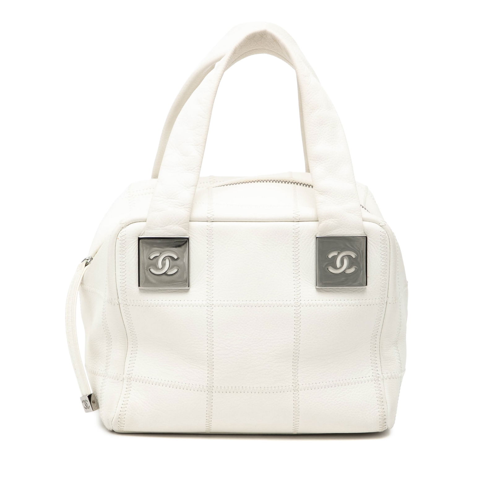 Chanel Mini Choco Bar White Caviar Leather Zip Top Bag: Chanel Mini Choco Bar White Caviar Leather Zip Top Bag The Chanel Mini Caviar Choco Bar Handbag features a durable caviar leather body in white, flat leather handles, a top zip closure, and an interio