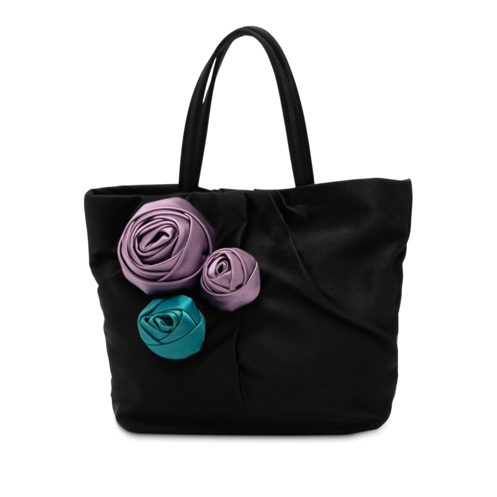 Prada Satin Mini Tote with Rose Accents Black: Prada Satin Mini Tote with Rose Accents Black This Prada Mini Raso Rose Tote features a satin fabric body adorned with rose details, flat straps, an open top with a magnetic snap closure, and interior