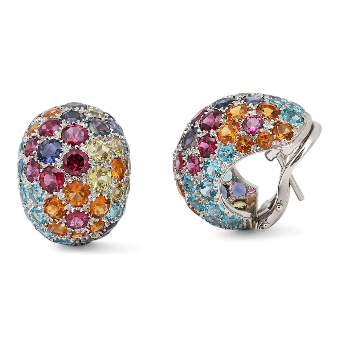 18k White Gold Floral Dangle Earrings With Multicolor Gemstones by Pasquale Bruni: 18k White Gold Floral Dangle Earrings With Multicolor Gemstones by Pasquale Bruni These Pasquale Bruni huggie drop earrings are crafted in 18k white gold and feature a floral design adorned with pave-