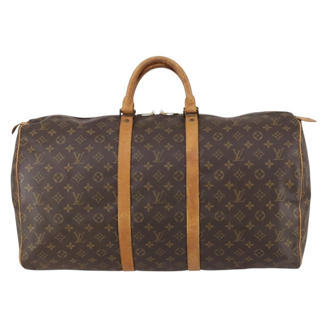 Monogram Canvas Louis Vuitton Keepall Travel Duffel 55cm: Monogram Canvas Louis Vuitton Keepall Travel Duffel 55cm Louis Vuitton Keepall Bag crafted from monogram canvas designed for unisex use. The bag shows signs of wear including surface deformation, sunb