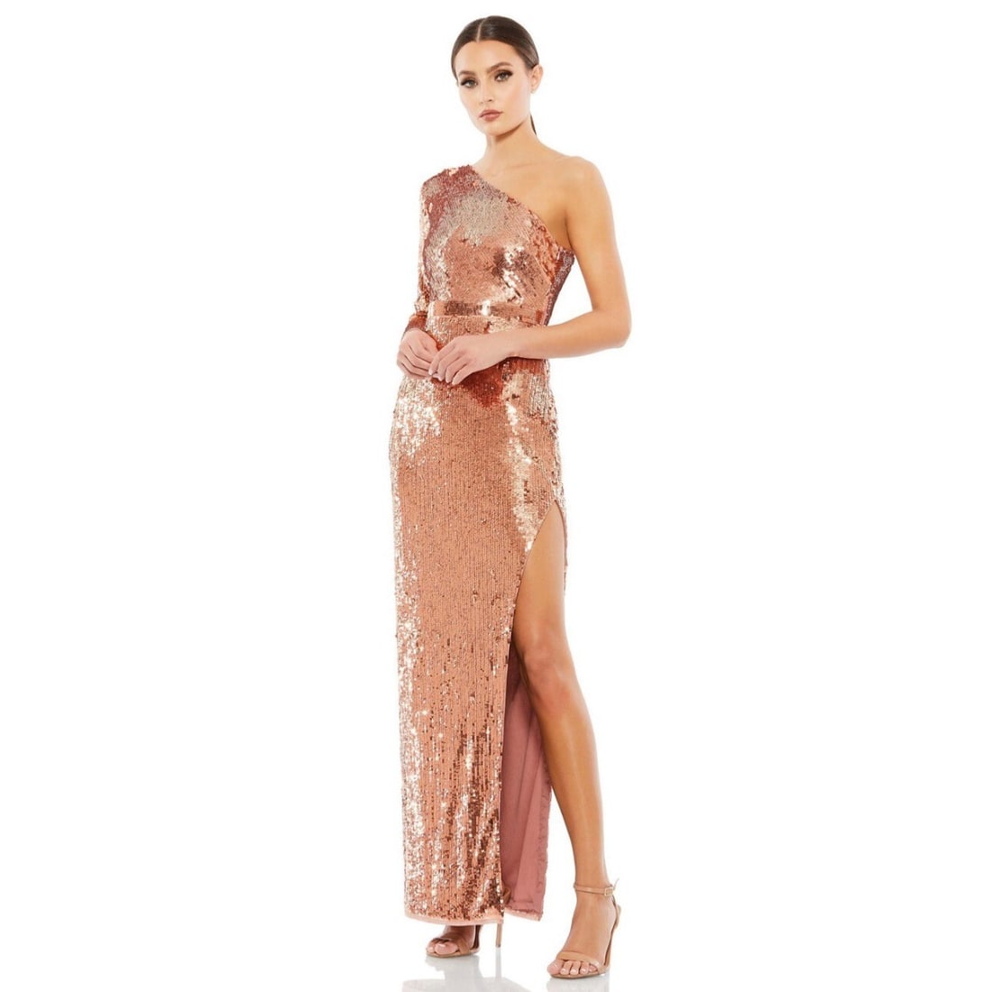 Mac Duggal Copper Sequined One Sleeve Gown Womens 6: Mac Duggal Copper Sequined One Sleeve Gown Womens 6 Make a statement at your next black-tie affair with this stunning Mac Duggal sequined gown. This floor-length dress features a one-shoulder design w