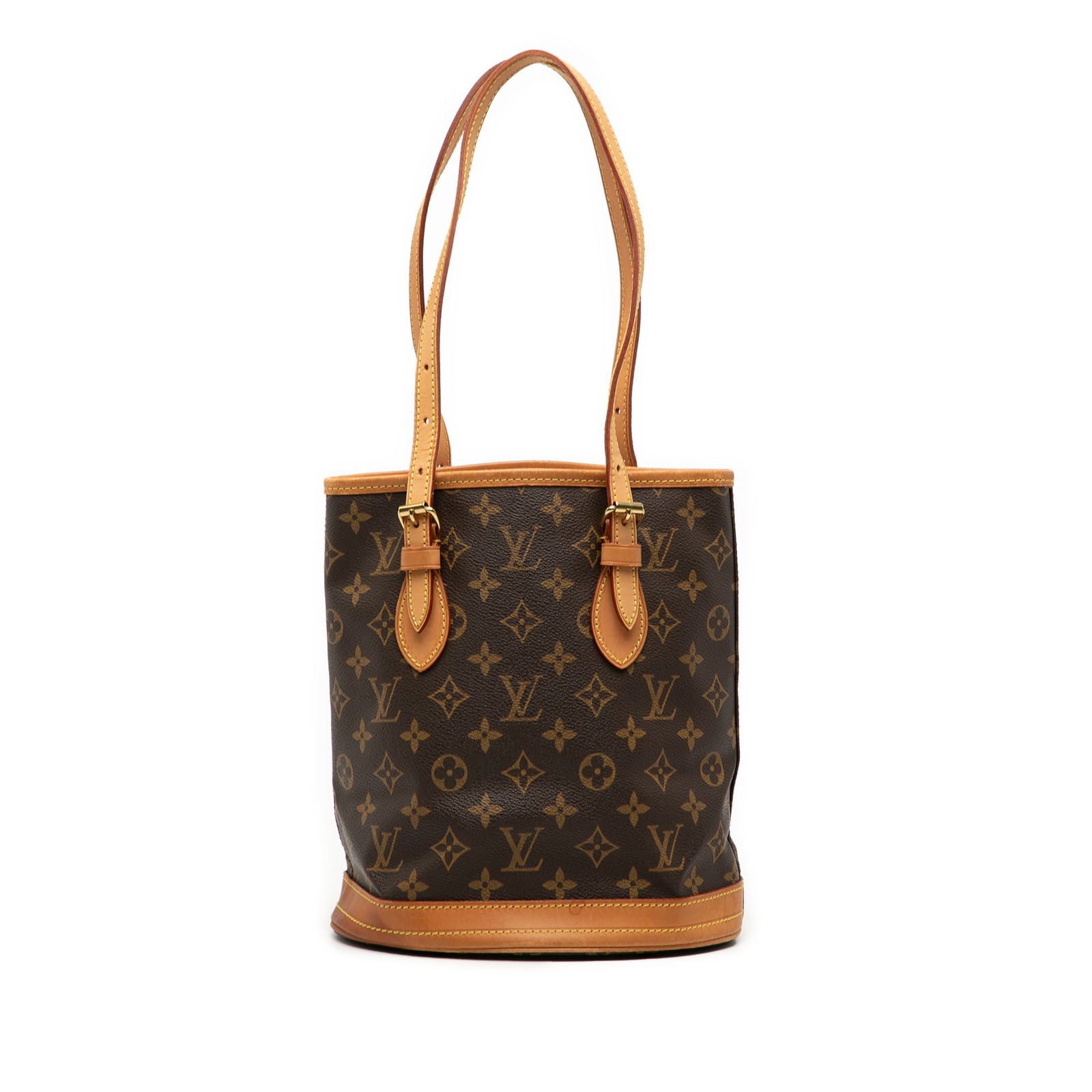 Louis Vuitton Petit Bucket Brown Monogram Canvas Shoulder Bag: Louis Vuitton Petit Bucket Brown Monogram Canvas Shoulder Bag This Louis Vuitton Monogram Petit Bucket features the brand's signature monogram canvas with vachetta leather trim and adjustable flat vac