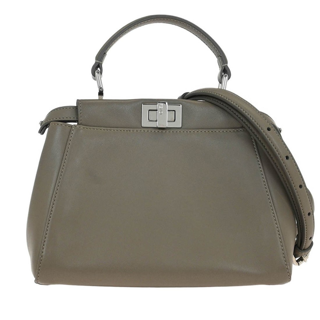 Fendi Gray Leather Peekaboo 2-Way Handbag 24cm by 18cm by 12cm: Fendi Gray Leather Peekaboo 2-Way Handbag 24cm by 18cm by 12cm This pre-owned Fendi Peekaboo 2-way handbag for women is crafted from gray leather and features a versatile design. It shows scuffs on th