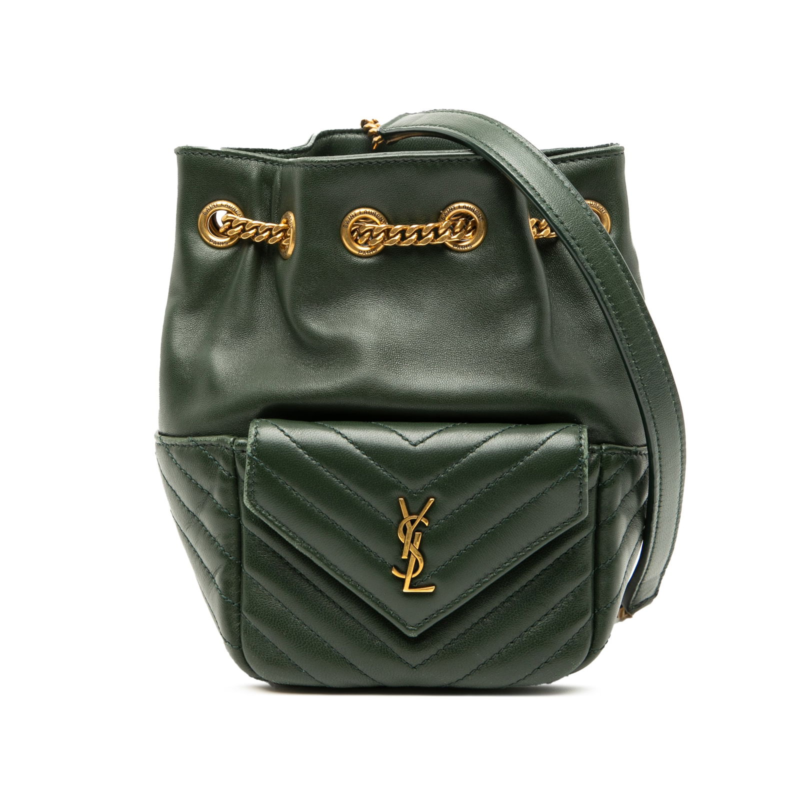 Mini Joe Bucket Bag in Quilted Leather by Saint Laurent: Mini Joe Bucket Bag in Quilted Leather by Saint Laurent This Saint Laurent Mini Quilted Leather Joe Bucket Bag features a green quilted leather body with a curb chain strap, an exterior front flap poc
