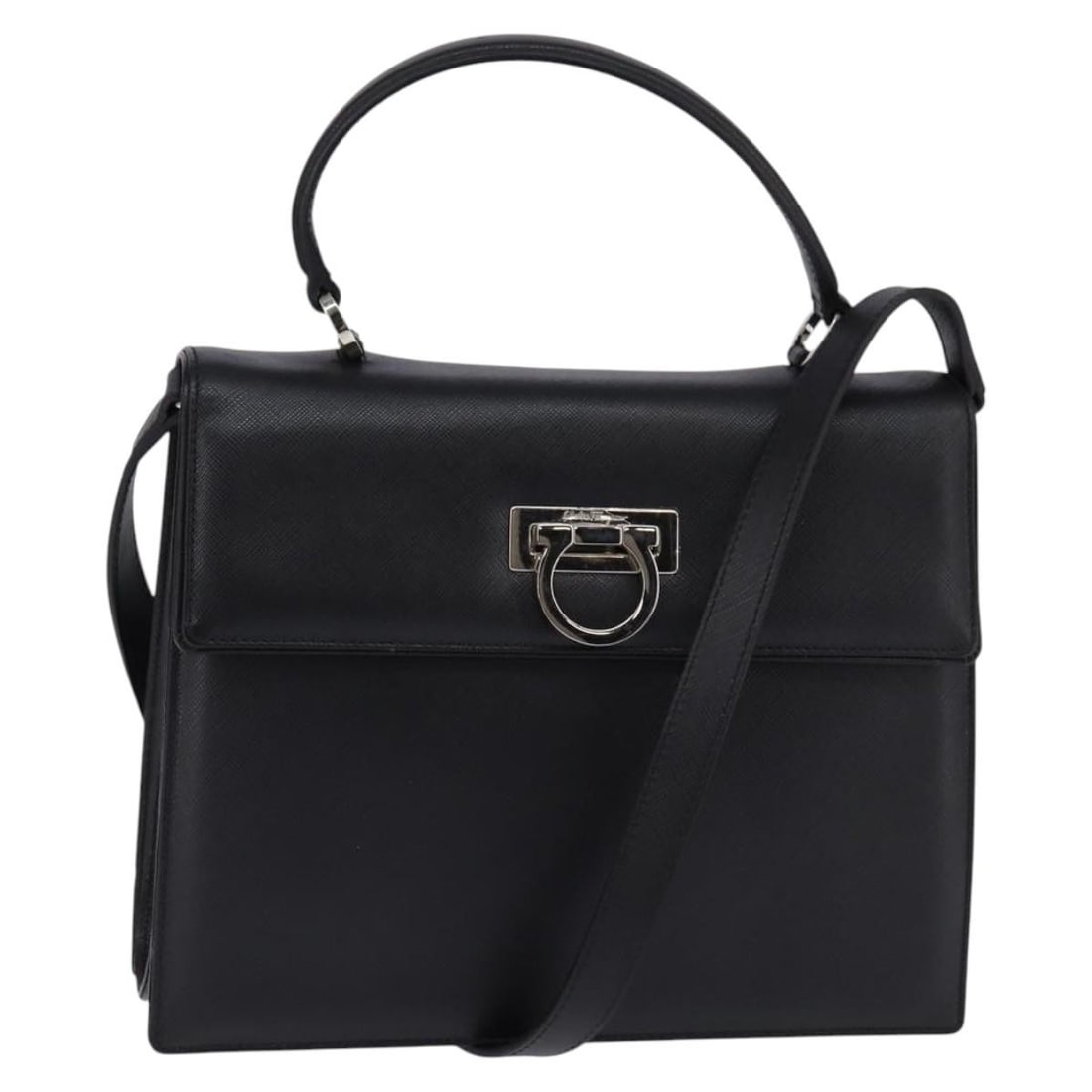 Salvatore Ferragamo Gancini Black Leather Hand Bag with Silver Accents Auth BA5942 (1 of 18)