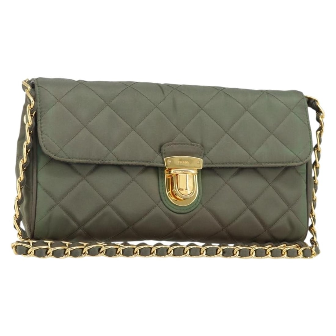 Khaki Nylon Prada Quilted Tessuto Shoulder Bag 25cm: Khaki Nylon Prada Quilted Tessuto Shoulder Bag 25cm This Prada Pushlock Chain Flap Bag is crafted from khaki nylon with a quilted tessuto design. It features a chain shoulder strap and a pushlock clos