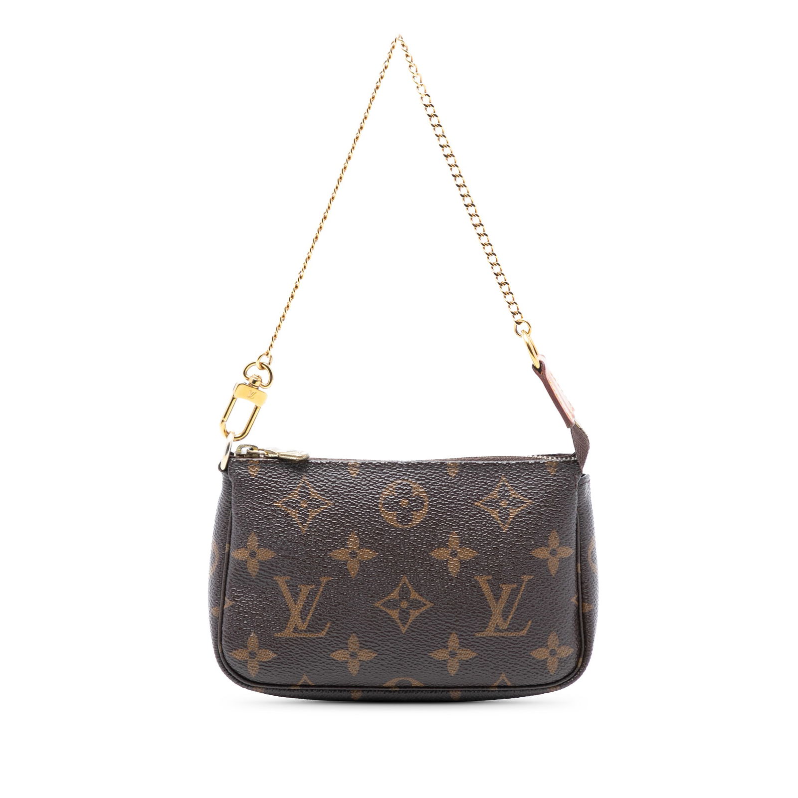 Louis Vuitton Monogram Canvas Mini Pochette with Chain Handle: Louis Vuitton Monogram Canvas Mini Pochette with Chain Handle This Louis Vuitton Mini Pochette Accessoires features the iconic monogram canvas body, a chain link handle, and a top zip closure. The ite