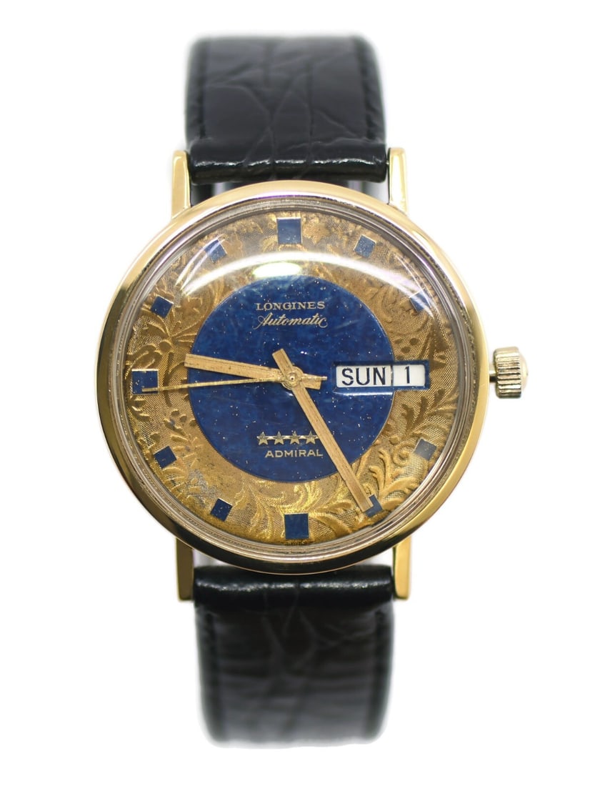 Longines Admiral 18K Yellow Gold Automatic Watch Blue Dial: Longines Admiral 18K Yellow Gold Automatic Watch Blue Dial This exquisite Longines Admiral wristwatch features an elegant 18K yellow gold case, showcasing a sophisticated blue dial with analog display
