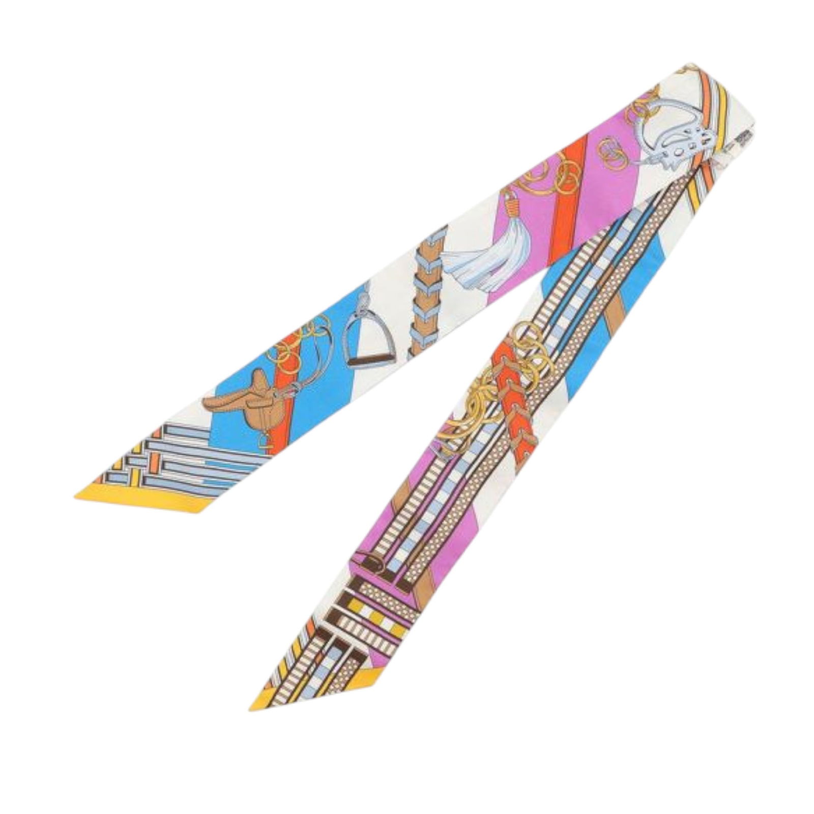 Hermes silk twilly scarf featuring Brides et Gris Gris design: Hermes silk twilly scarf featuring Brides et Gris Gris design This Hermes twilly scarf showcases the Brides et Gris-Gris print on 100% silk. The accessory is crafted in France and features a white col