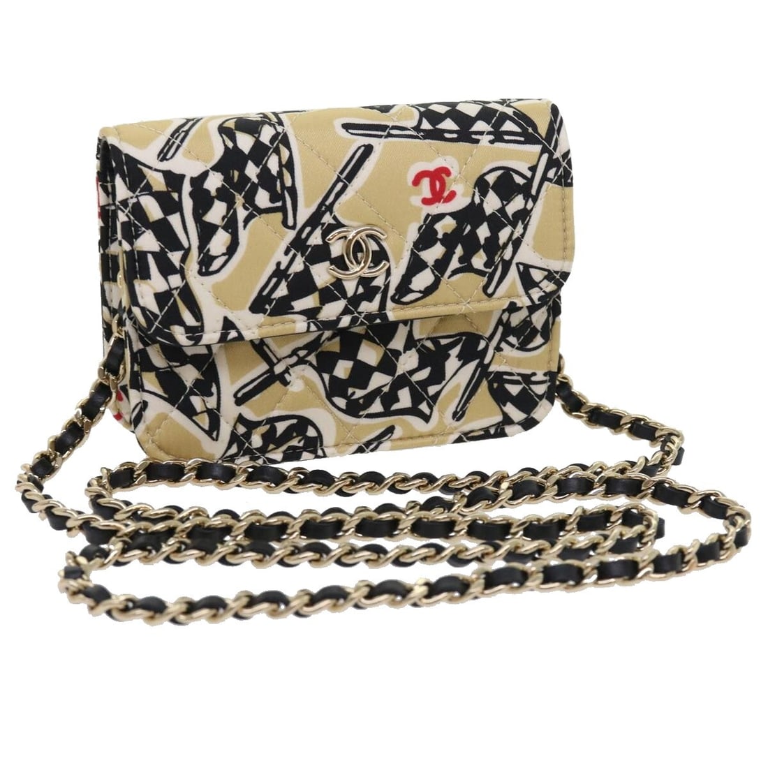 Beige Quilted Canvas Flap Card Holder with Chain by Chanel: Beige Quilted Canvas Flap Card Holder with Chain by Chanel This Chanel Flap Card Holder on Chain is crafted from beige printed canvas featuring the iconic quilted design. Designed for women, it offers