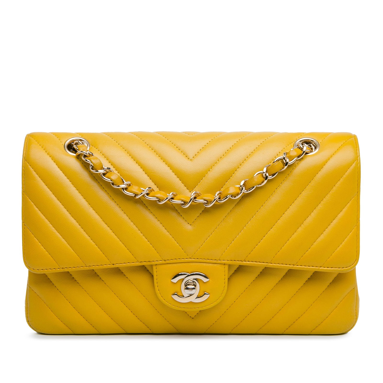Chanel Yellow Chevron Lambskin Medium Double Flap Shoulder Bag (1 of 10)